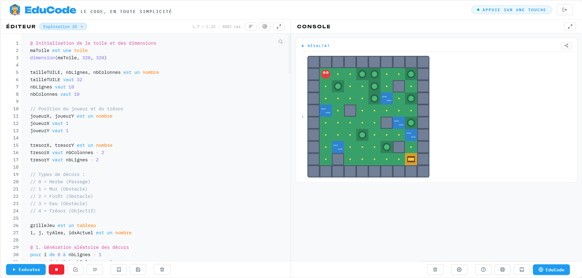 Exploration 2D : une map générée avec obstacles, décor et trésor !